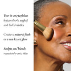 Dual-Ended Blush + Bronzer Brush product benefits model image: two in one tool, sculpts and blends