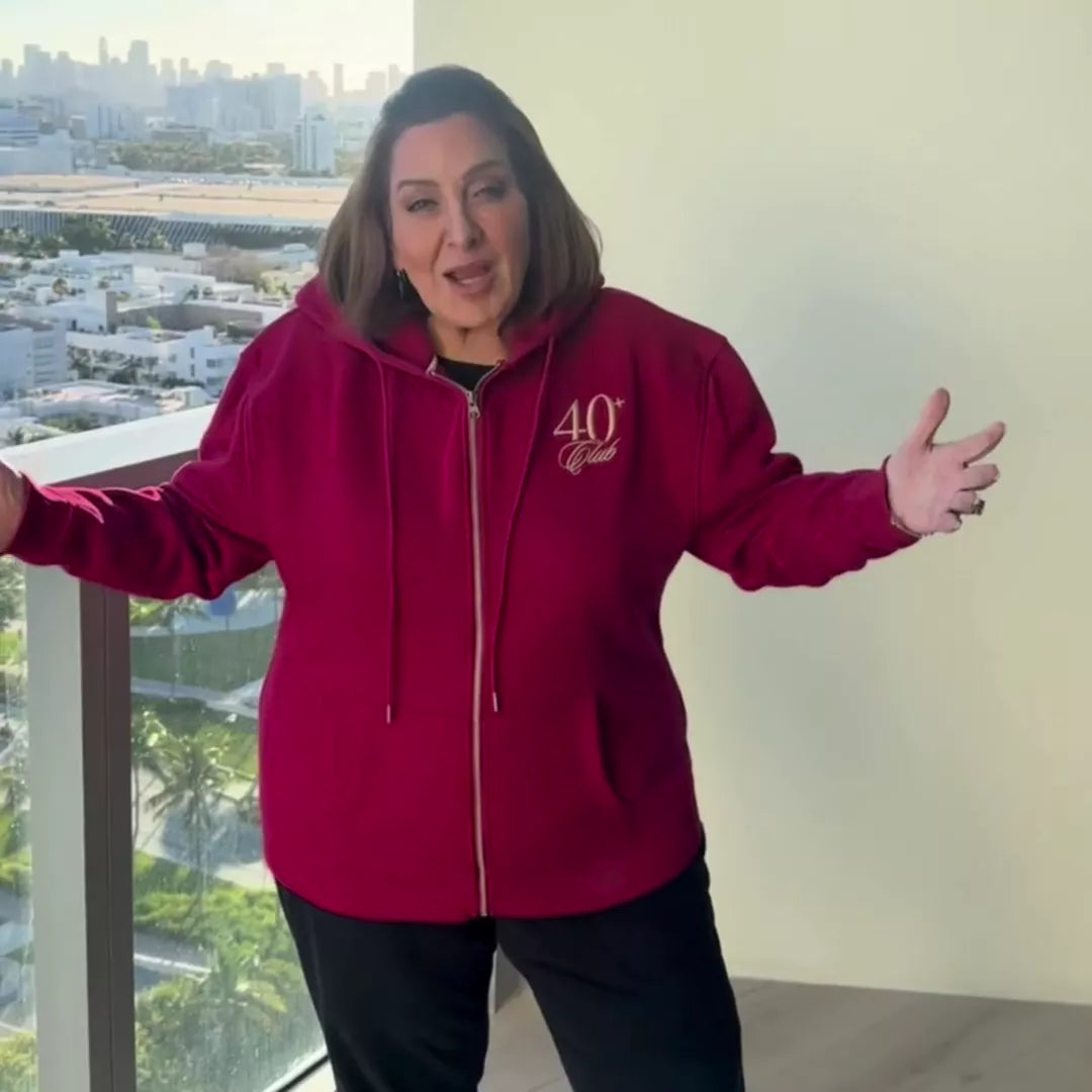 Laura Geller wearing the 40+ Club sweatshirt